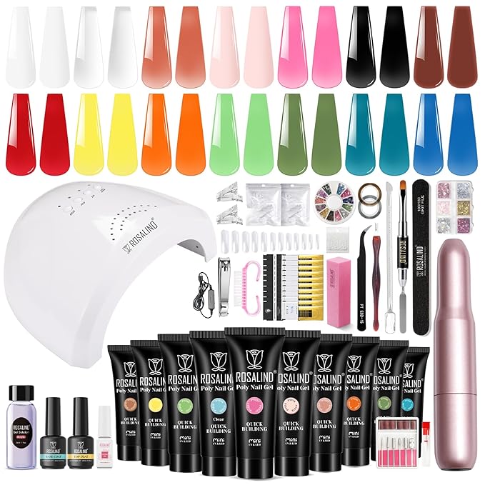 Poly Nail Gel Starter Kit with Drill-14 Colors + 75 Nail Art Accessories Kit, ROSALIND Neon Poly Extension Gel with Big UV Light 48W and Electric Nail Drill Starter Kit with Everything