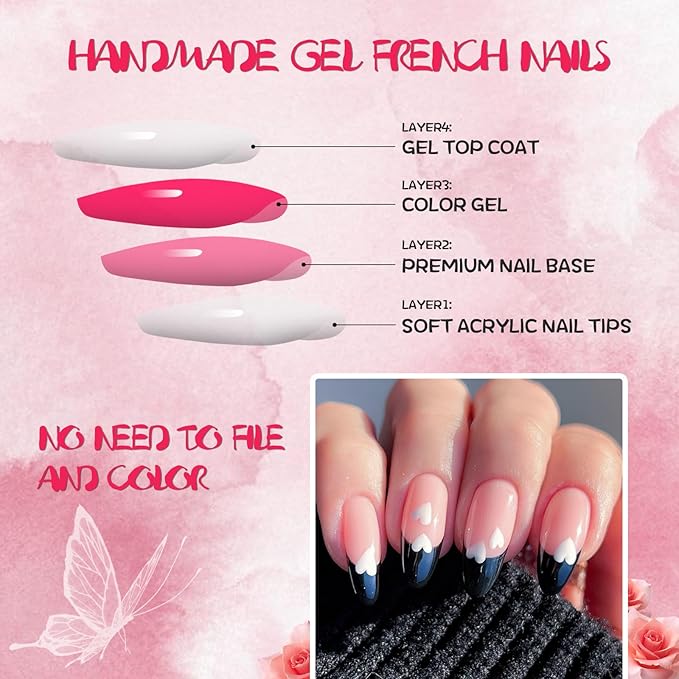 AddFavor French Tip Press on Nails Medium Almond Fake Nails, 120pcs Black French Tips Nails Glossy Nude Almond Nails Press ons Artificial False Nail with Adhesive Tab for Women Girls