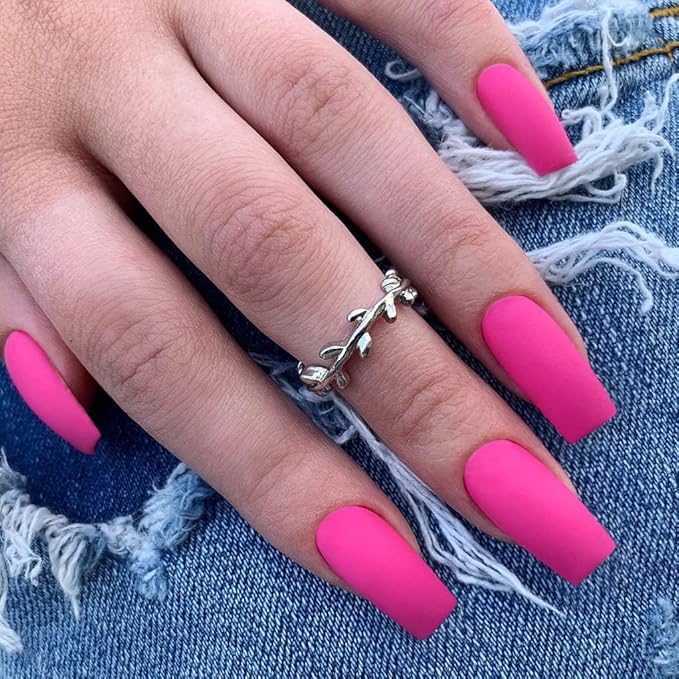 KQueenest Matte Hot Pink Press on Nails Long Medium Square, Neon Pink Fake Nails Medium Coffin, Sheer Color Acrylic Nails Press ons, Reusable Soft Gel Glue on Nails for Women Fall Winter