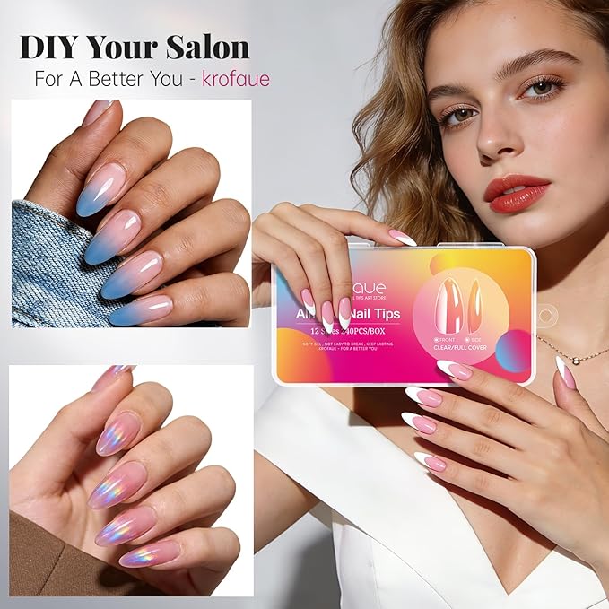 krofaue Short Almond Nails Tips 240Pcs 12 Sizes- Soft Gel Clear No Crease Pre-shape Oval Artificial Acrylic False Full Cover Press on Nails for Extension Home DIY Art