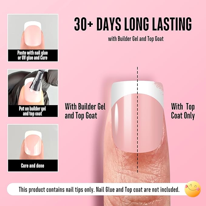 NOVO OVO Extra Short White French Tip Nail Tips, XS XXS Square Round BABY PINK, for Wide & Short Nail Beds, Thick Full Cover Press on for Women Men, Soft Gel Acrylic Extension kit, 16 Sizes x 224pcs