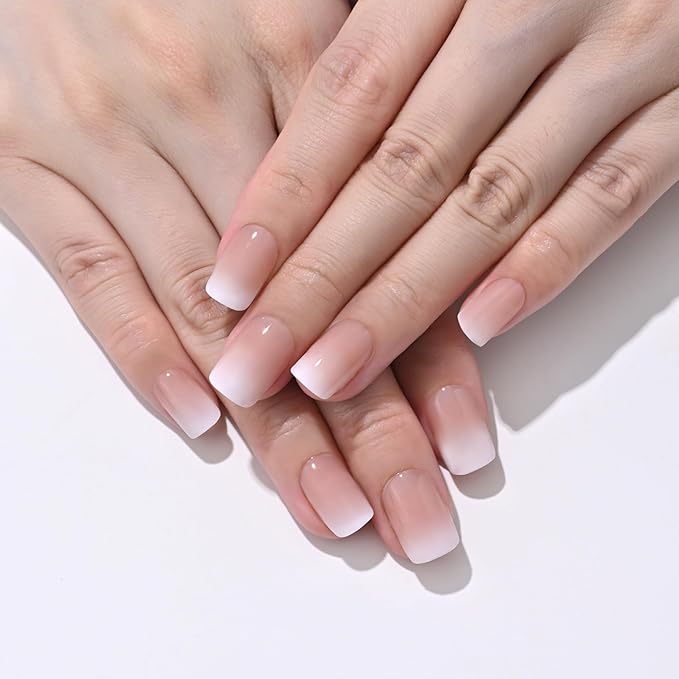 Brown Nude Ombre Press On Nails Short Square, Gradient French Tip Designer Fake Nail Reusable Real Acrylic Nails for Women, Glossy Soft Gel False Nail with Glue On Nails,Wedding Stick On Nail