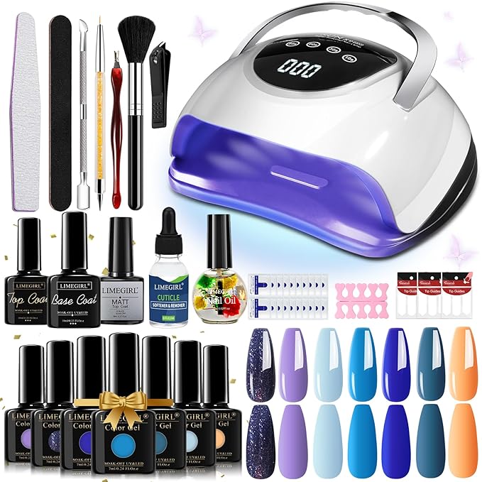 LimeGirl Gel Nail Polish Kit with U V Light, 23PCS Starter Kit with 7 Colors, Royal Blue/Glitter Navy Blue/Purple/Sunset Orange Seaside Color Collection, Salon-Grade LED Nail Lamp & Gel Polish Set