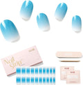 Semi Cured Gel Nail Strips - NAILOG 20 Pcs Gradient Blue Nail Stickers Extra Long Wraps with Glossy Gel Finishing for Summer, Frozen Mist