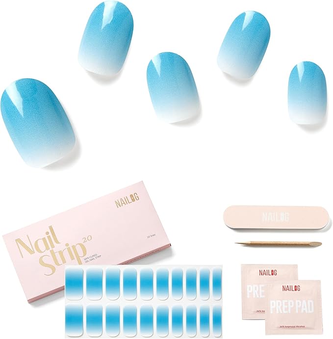 Semi Cured Gel Nail Strips - NAILOG 20 Pcs Gradient Blue Nail Stickers Extra Long Wraps with Glossy Gel Finishing for Summer, Frozen Mist