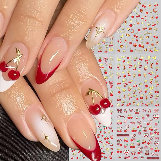 6 Sheets Cherry Nail Art Stickers 3D Valentines Nail Stickers Self-Adhesive Cute Cherries with Gold Heart Bow Nail Designs Supplies Summer Fruit Nails Decals for Women DIY Manicure Decor