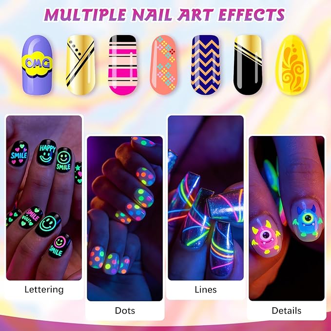 Fluorescent Nail Art Pens, 12 Color 0.5 MM Glow In The Dark Neon Nail Polish Pens Set Drawing Point Painting Liner Painted Pen Kit, Waterproof Nail for DIY Design Manicure Tools