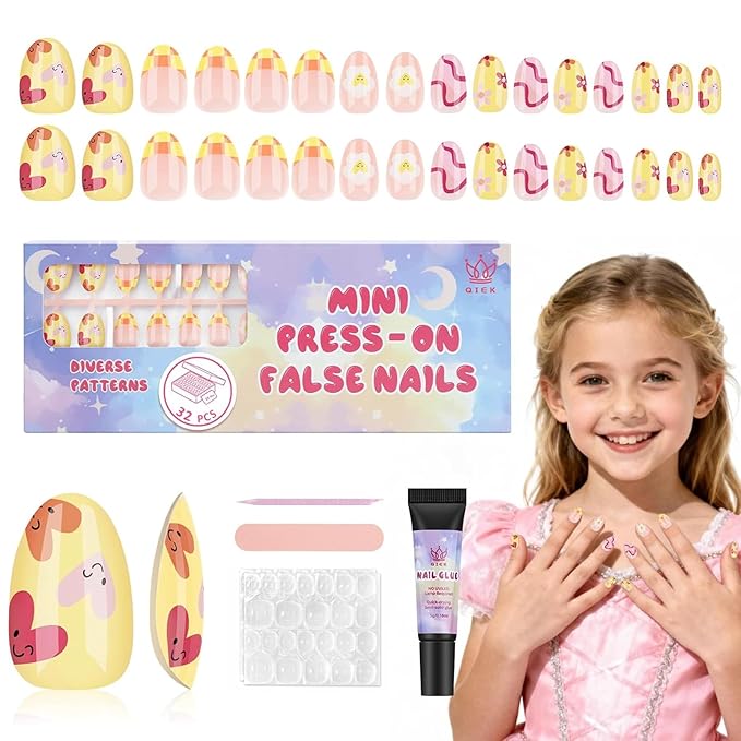 16 Sizes Press on Nails Kit for Kids - 32 Pieces French Almond Fake Nail Tips for Girls 8-12 Years Old with Jelly Nail Adhesives & No-Lamp Nail Glue, Birthday Easter Gifts (Happy Smile)