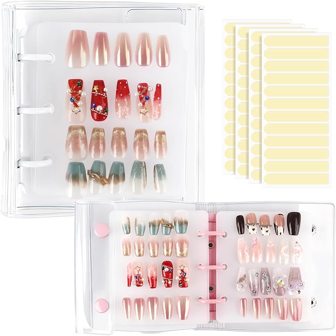 Press On Nail Organizer, 2Pcs Press On Nail Binder Book with 12 Insert Pages-A8 Sized & Double Sized Tape, Fake Nails Swatch Display Collecting Storage Book(Pink+White)