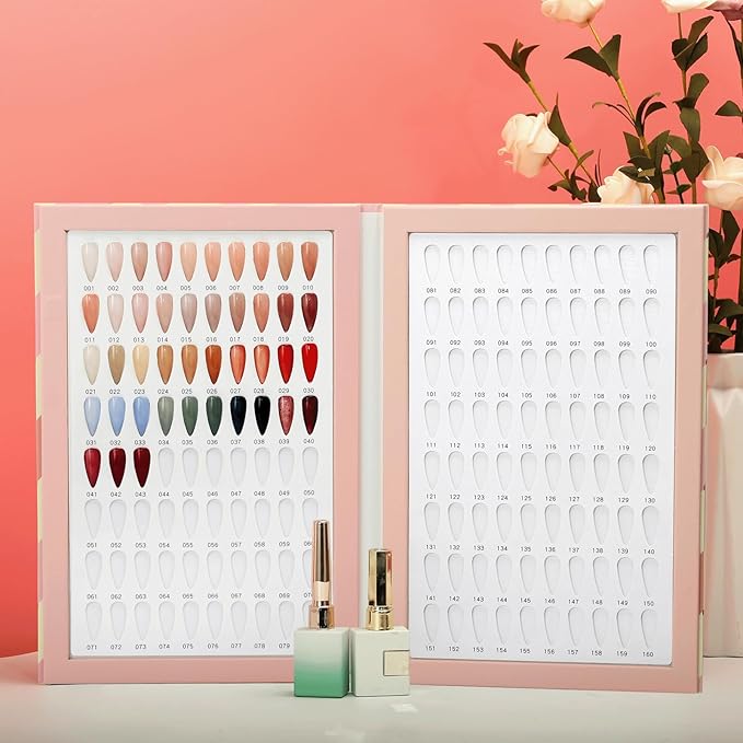 160 Nail Color Book,with 240 Flase Tips & 1-200 Number Sticker Labels,Professional Nail Color Swatches Book for Polish UV Gel(Pink)