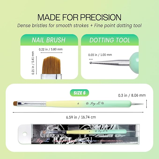 Ivy-L Premium 2 Ways French Gel Acrylic Nail Art Kolinsky Brush with Dotting Tool for Professional Manicure Nail Art Design Cuticle Clean-up + Lime Green Wood Handle (Size 6)