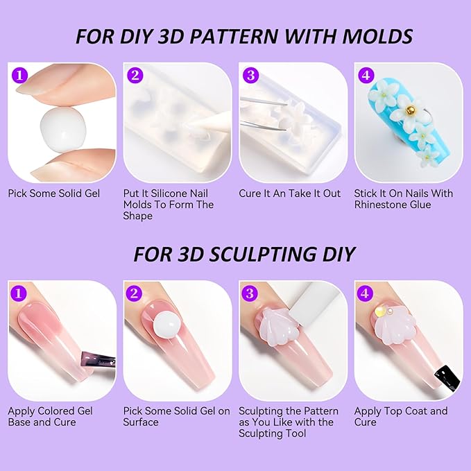 Makartt 3D Gel Nail Art for Nails Starter Kit: Clear and White 3D Sculpting Gel Non-Sticky Molding Carving Glue Extension Builder DIY Manicure Gold & Silver Chrome Powder Solid Soak Off Hard Gels