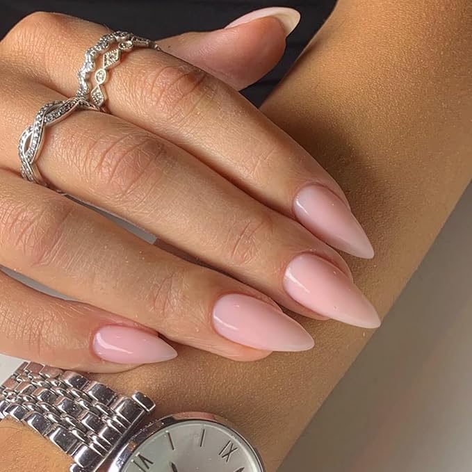 Dusty Pink Press on Nails - Almond Shape Medium Length Neutral Acrylic Reusable Fake Nails for Women Girls - Glue on Stiletto False Soft Gel Artificial Nails