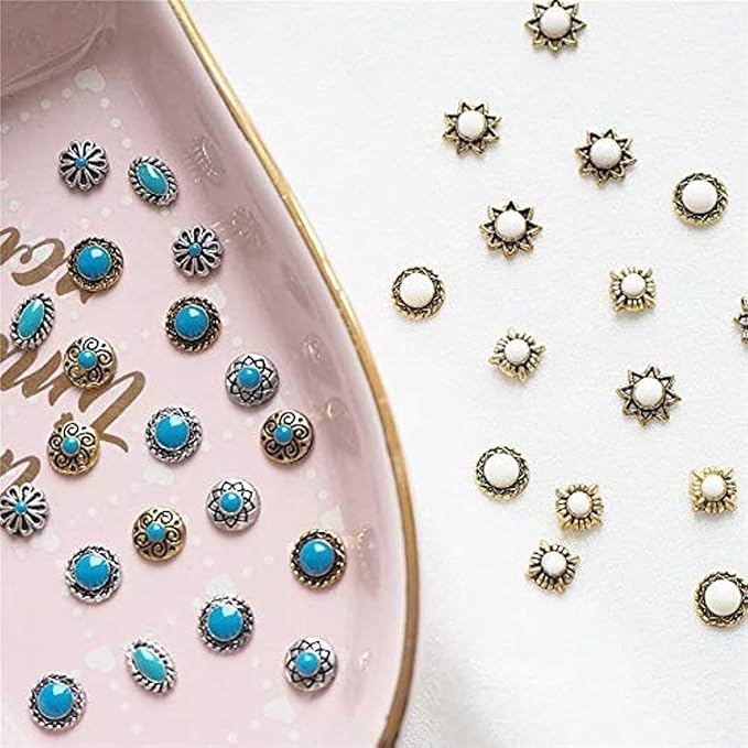 Turquoise Totem Flower Nail Charms - DIY Retro Western Nail Art Decorations 50pcs
