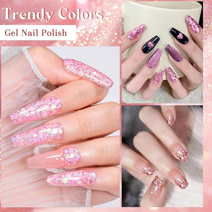 MEET ACROSS 9Pcs Glitter Gel Nail Polish Set with Nail Brush, 8 Colors Including Pink Blue Purple Sequins Gel Polish for Nail Art DIY Manicure Gift for Women