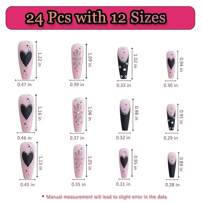 24pcs Black Long Square French Tips Press On Nails with Snowflakes, hearts and stars for Themed Costumes, Reusable Nail Kit with Nail Adhesive Tabs Mini Nail File, 12 Sizes (Black)