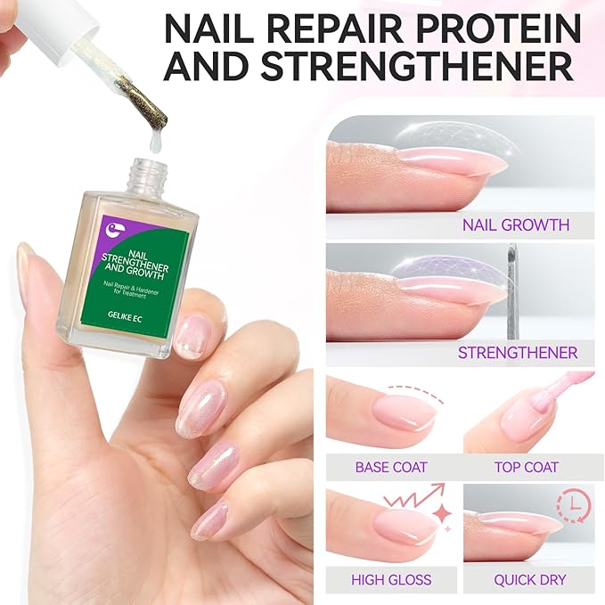Nail Repair Strengthener for Home Care: Gelike EC 6 in 1 Natural Nail Protein Hardener Extra Strong and Growth - Long Lasting and Fast Dry Polish for Damaged Weak Split Treatment(Glitter Pink 15ml)