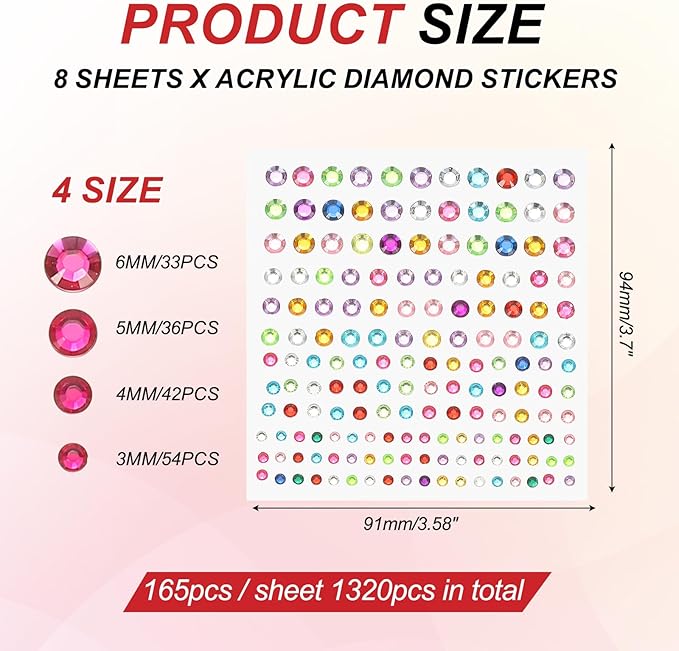 PATIKIL 1320 Pcs Acrylic Gem Sticker, 4 Size 3/4/5/6mm Self Adhesive Rhinestones Face Gem Stones Bling Jewelry for Nail Art Craft Clothes DIY Makeup Decoration Party, Mixed Color