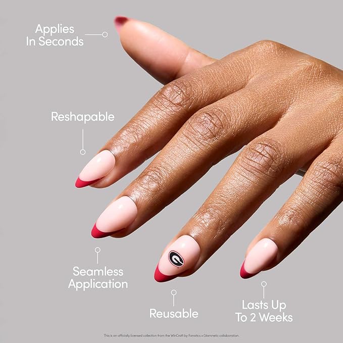 Glamnetic x Fanatics Press On Nails - Georgia Bulldogs | Short Almond Fake Nails, Collegiate Bulldogs Red French Tips, College Nails, Salon-Quality | 15 Sizes - 30 Nail Kit with Glue
