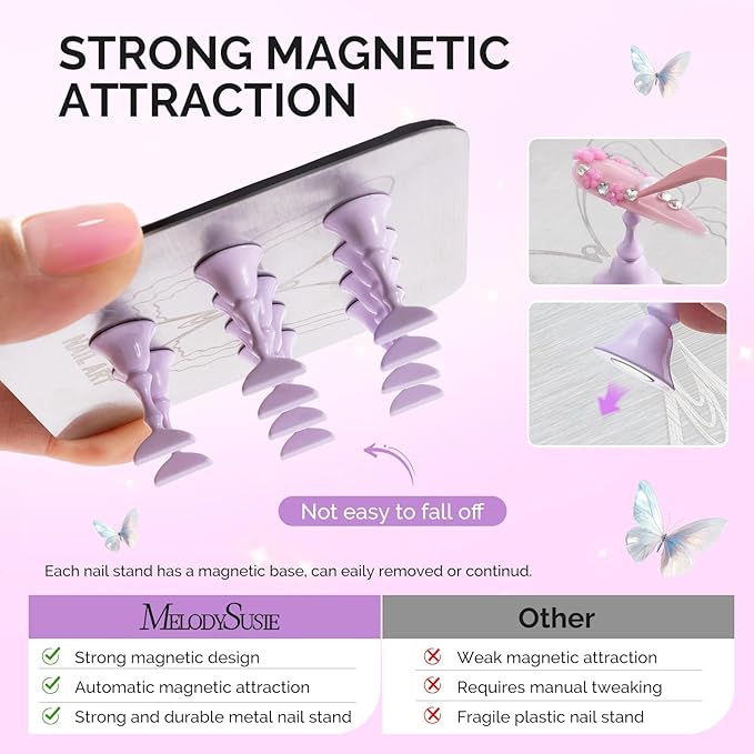 MelodySusie Nail Stand for Press Ons, Super Metal Square With Butterfly Pattern Magnetic Base for Painting Display with Brush Holder And Reusable Double-Sided Tape for Home DIY Salon Supplies