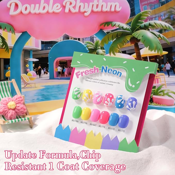 Double Rhythm 6 Pcs Hema Free Gel Polish Set 0.50 OZ Same Color Same Bottle Soak Off Neutral Natural Gel Polish Kit Nail Manicure Salon DIY at Home (Neon Yellow Green Pink Rose Blue Purple-H6-13)