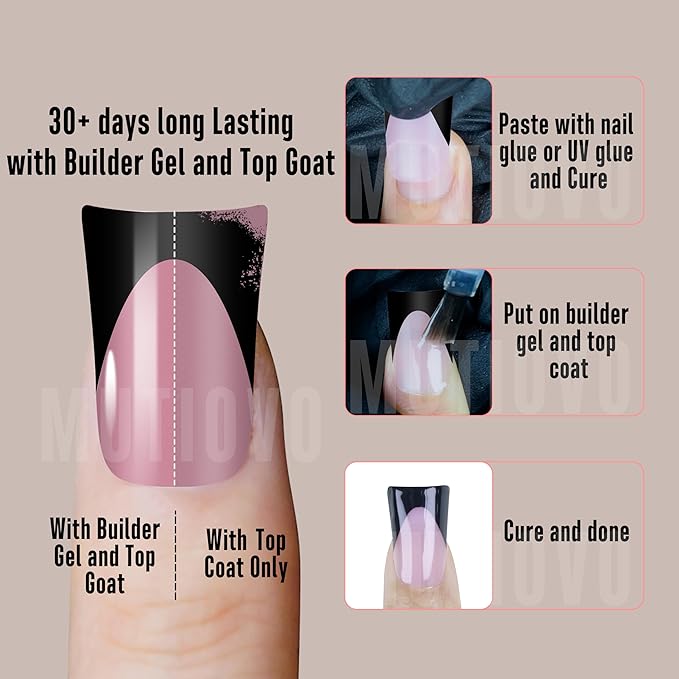 Black French Tip Short Duck Nail Tips Press on, BERRY PINK Extra Thick Pre-designed Soft Gel Nail Extension, Need Builder gel & Top, Coat Full Cover False Nails for DIY x 12 Sizes 240 pcs