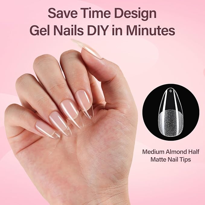 Misssix Medium Almond Gel Nail Tips, 216Pcs Pre Etched Clear Fake Nails, Full Cover Soft Acrylic False Nail Glue and Nail Glue Remover for Women 12 Sizes