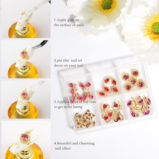 30Pcs Nail Charms 3D Mixed Butterfly Bow Tie Heart Fox Flower Shaped Nail Rhinestones Glitter Gems Metal Gold Rose Red Pink Nail Charms for Girl Women DIY Nail Art Craft Decoration
