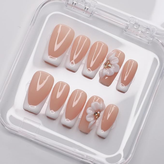 Luxury Press on Nails Medium Square Handmade 3D Unique Reusable ABS Material Fake Nails White French Tip False Nails with Designs Floral Rhinestones Elegant Glossy Glue on Nail Thick Acrylic Nail(M)