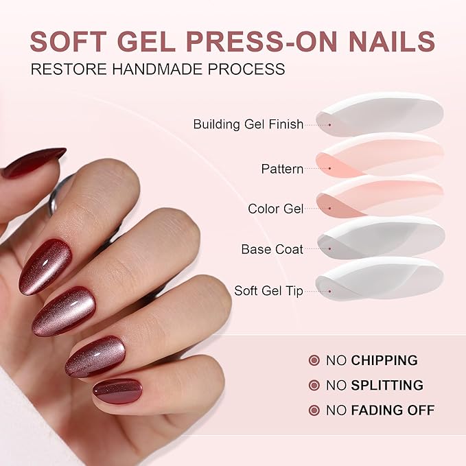 RTKHFZE Press On Nails Short - Brown Cat Eye Fake Nails Soft Gel Press on Nails Short Almond with Nails Glue,Fit Perfectly,Reusable Stick Glue On Nails in 16 Sizes - 32Pcs False Nails Kit