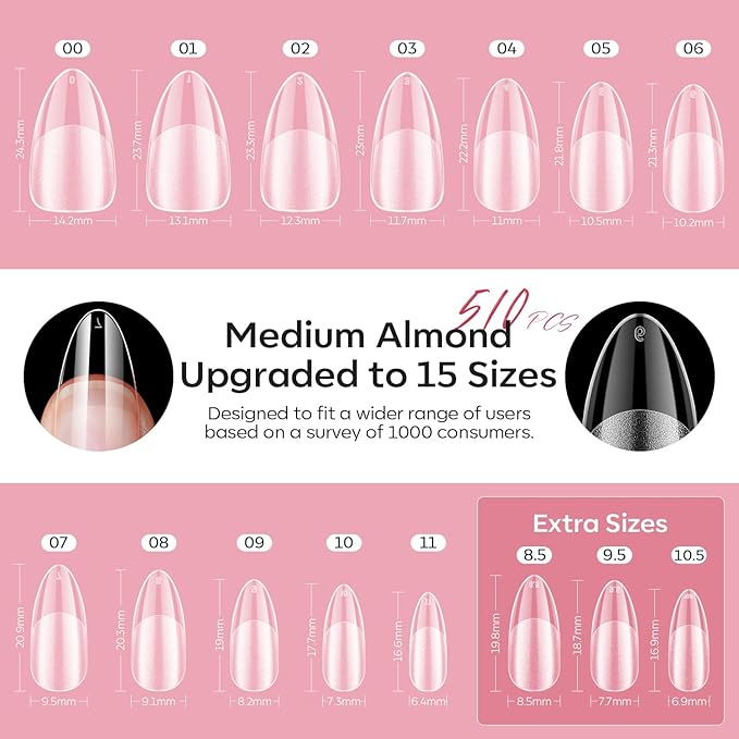 modelones X Nail Gel Kit Almond, 510Pcs Nail Tips Solid Glue Prep Dehydrator & Mini U V LED Light Clipper, Upgrade 15Sizes Medium Almond Press on Tips Etch Half Matte for Easy Extension DIY Women Gift