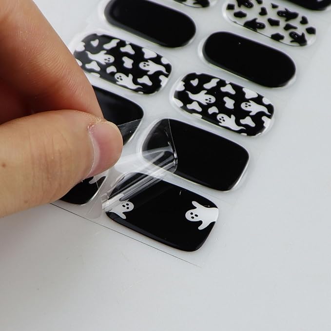 JMEOWIO Gel Nail Stickers Halloween Black White Cute Ghost Semi Cured Gel Nail Strips Wraps UV/LED Nails Art Design Decoration Accessories