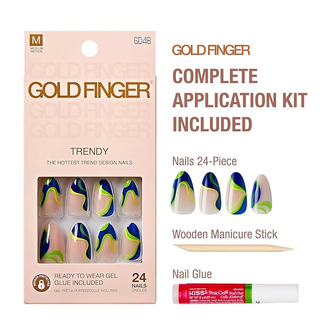 GoldFinger 24 Pcs Press On Nails, Medium Almond Fake Nails, Abstract Neon Gel Stick On Extensions, Reusable Full Cover False Nail Kit with Glue, Manicure Stick & File, 7 Day Long Lasting Wear
