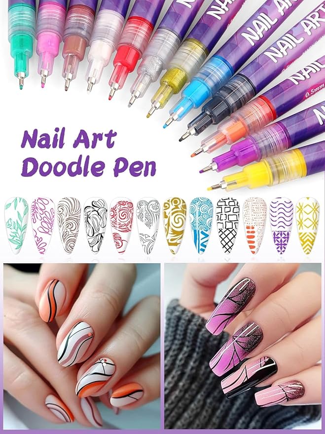 EBANKU 12 Colors Nail Art Pens Set, 3D 0.5MM Nail Polish Pens Graffiti Dotting Pen Quick-Drying Acrylic Nail Paint Liner Pen Tools for DIY Nail Art Manicure Tools