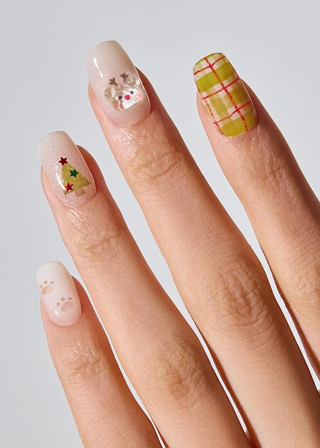 ohora Semi Cured Nail Strips (N Beary Merry) - Works with Any UV/LED Lamps, Salon-Quality, Long Lasting, Easy to Apply & Remove - Includes 2 Prep Pads, Nail File & Wooden Stick