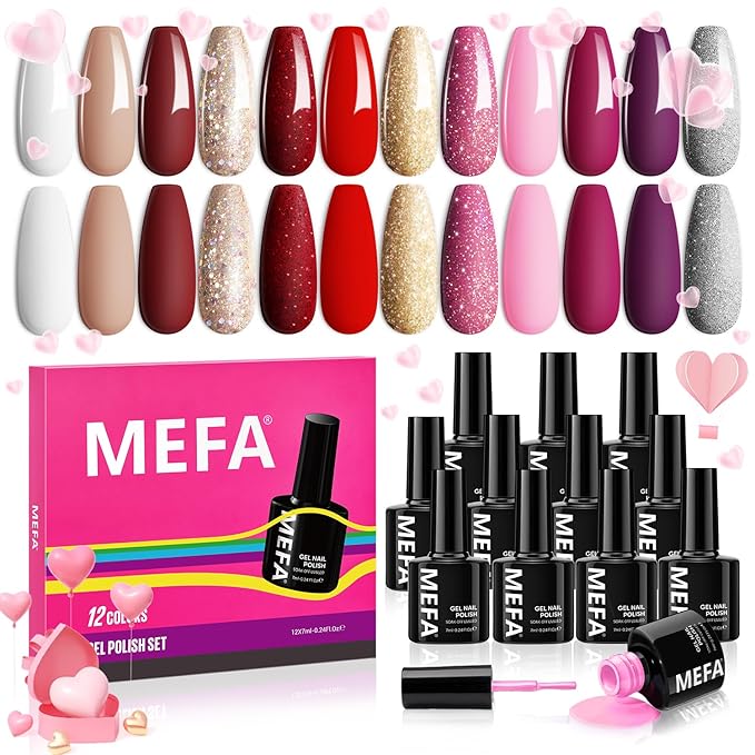 MEFA Christmas Gel Nail Polish Set, 12 Colors Pink Red Gel Polish Set Shimmering Gold Silver Glitter Nail Polish Soak Off Purple Nude White Brown Gifts for Girl DIY Salon Home Manicure