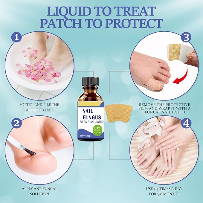 Toenail Fungus Treatment Extra Strength Kit, 30ml Nail Repair Solution and 32 Nail Renewal Patches for Damaged Thick Discolored Toenails and Fingernail