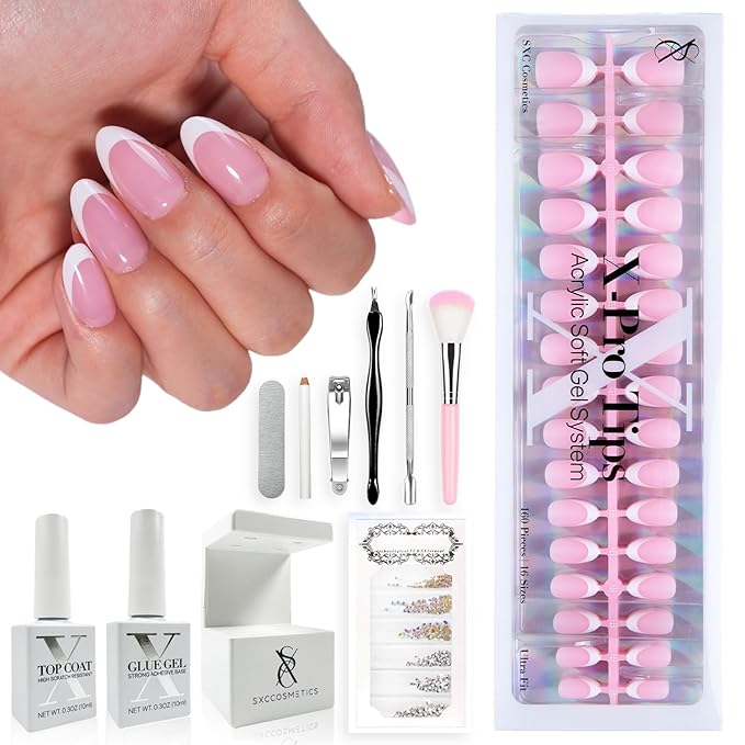 SXC Cosmetics French Tip Press On Nails Pink Series, Short Almond X-Pro Tips