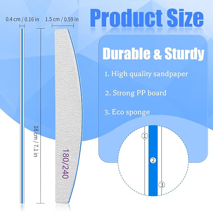Nail File 12 PCS Professional Reusable 180/240 Grit Double Sides Washable Nail File Manicure Tools for Natural Nails and Acrylic Nails Tools Suit for Home Salon