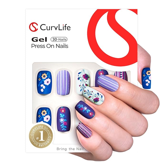 CurvLife Press On Nails Short Squoval, Reusable Soft Gel Fake Nails, Blue Purple Floral Pattern Glue On Nails with Adhesive Tabs, Salon Quality Natural Fit for Women Girls