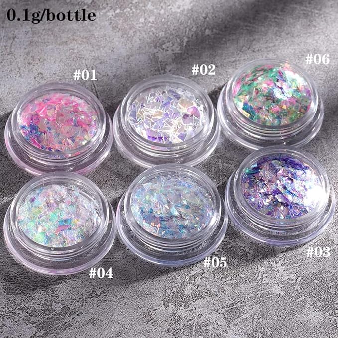 Holographic Mermaid Nail Sequins,6 Jars Chunky Glitter Colorful Fluorescent Glass Paper Iridescent Flakes Sticker for Makeup Decoration Women Party DIY Accessories Sequins Glitters Set