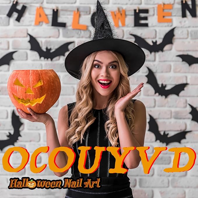 Halloween Press on Nails Handmade 3D Cute Little Ghost & Pumpkin Fake Nails Design Muti-Layer Gel Acrylic Nail Glitter Stick on Nails Full Cover Short Almond Black French False Nail for Women (Size S)