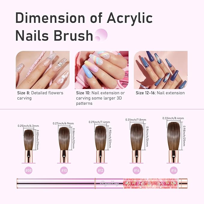 Kolinsky Professional Acrylic Nail Brush Size 12 - 100% Powder Brush for Nail Art DIY Home Salon Manicure Application (Pink)