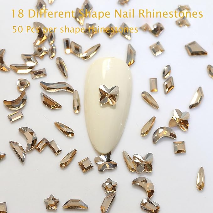 Champagne Nail Rhinestones Kit, 18 Types of 900 Special-Shaped Nail Diamonds + 3200 Flat-Bottomed Nail Rhinestones, 3D Nail Crystals DIY Crafts Gemstones for Nail