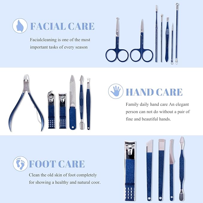 Manicure Set Pedicure Kit Nail Clippers Set Fingernail Clipper Set Ingrown Toenail Nail Kit Scissor Nail Trimmer Kit 18 Pieces Women and Men’s Care Grooming Tools with Fine Case (Dark Blue_18 Pieces)