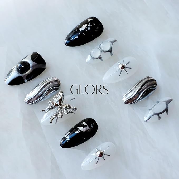 Gothic Long Almond Press-On Nails Set, Black and Silver Metallic Design with Butterfly Accent, Handmade False Nail 10 Pieces (Medium,Almond)