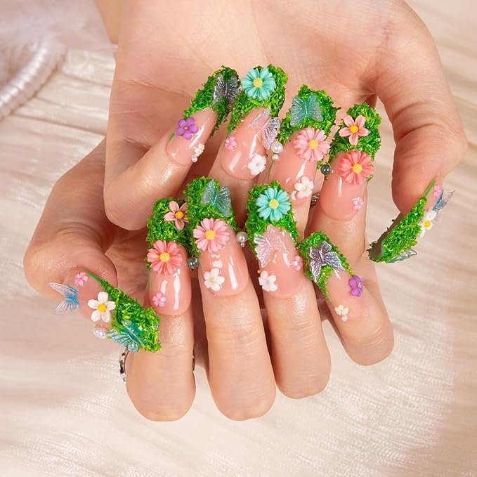 LOVFUL Press on Nails Fairy Tale Garden | Handmade with Full Covered Crystals | Reusable Full Cover Nails | Coffin Classic Regular 1.3 in | H151-S