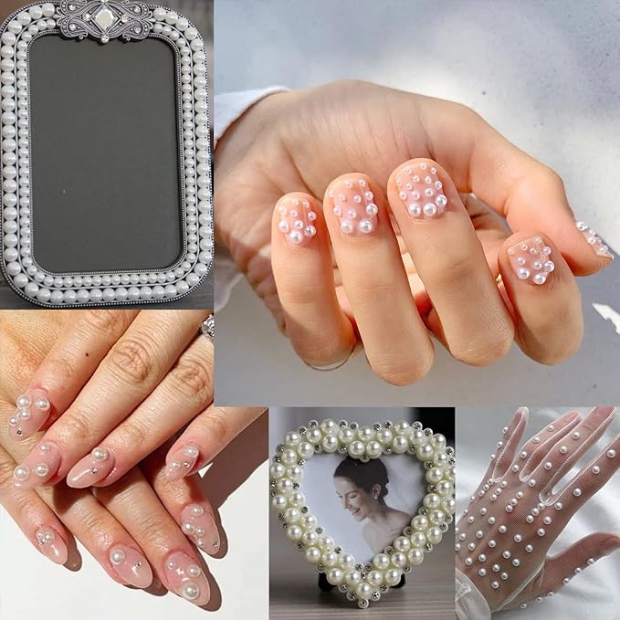 Nail Art Flat Back Half Round Pearl Kits 25, 1 Box of 6000 Pcs Flat-Back Peach Pearl with Tweezer and Picker Pencil for Home DIY Nails Body Face Craft and Salon Use