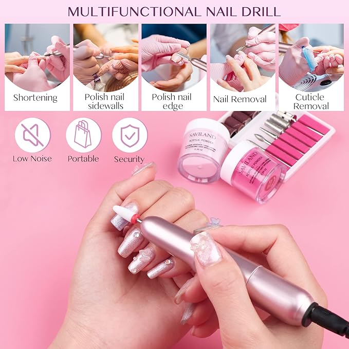 SAVILAND Acrylic Nail Kit with Drill - 0.5Oz Clear/White/Pink Acrylic Powder and Liquid Set Nail Drill with Brushes Tool Kit for Nails Extension Home DIY & Salon