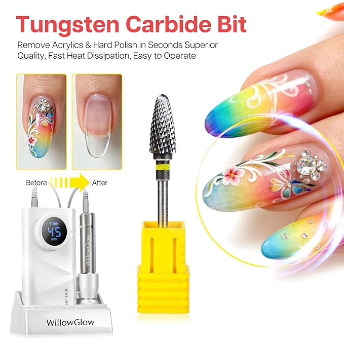 Professional Nail Drill with Charging Dock & Ceramic/Tungsten Bits, 45000RPM Stepless Speed Cordless Efile for Fast Acrylic Gel Removal, Electric Nail File Machine for Home Salon Use (White)